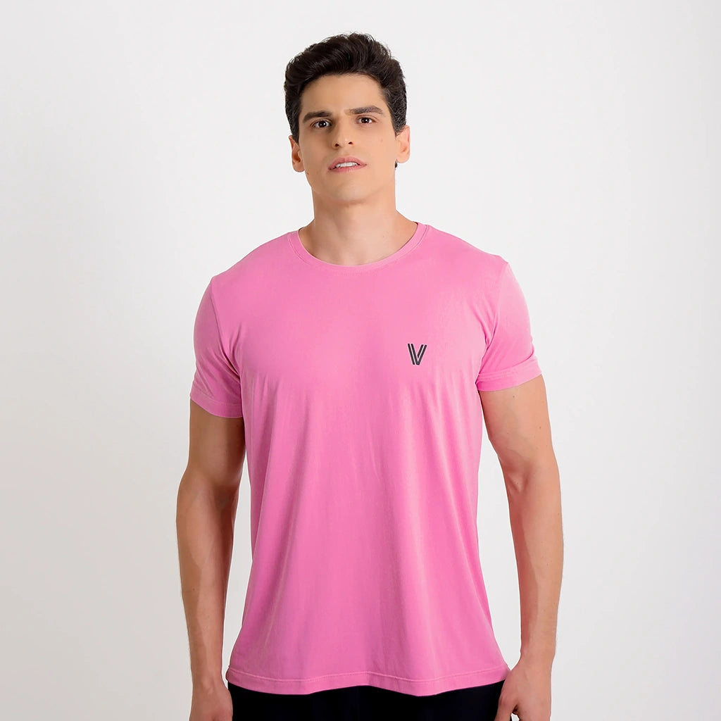 Camisetas Poliamida Esportiva rosa claro masculina, vista frontal, logo V no peito