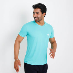 Costas da Camisetas Poliamida Esportiva verde-água; modelagem regular e acabamento limpo para rotina urbana.