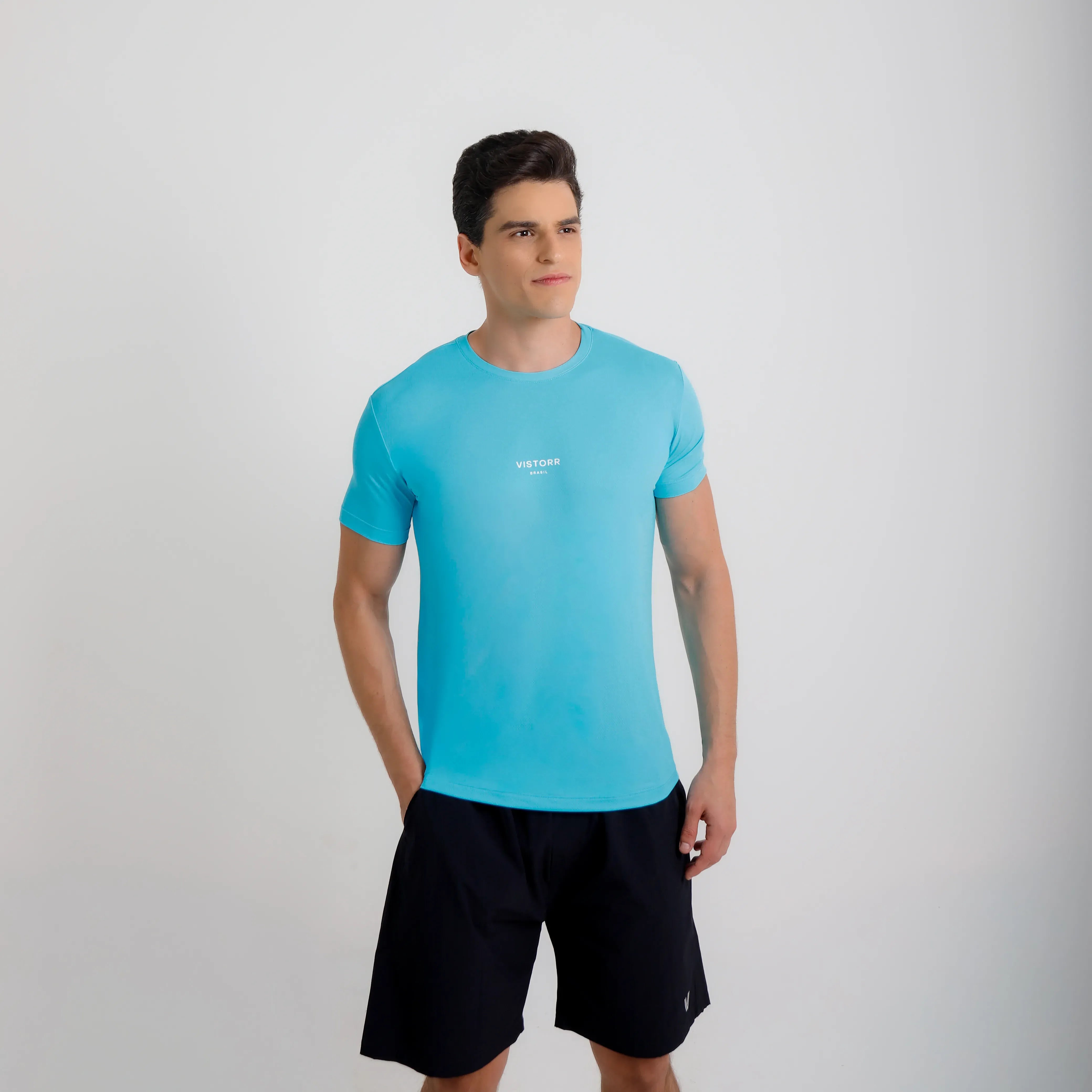 Camiseta de poliamida azul — logo Vistorr Brasil